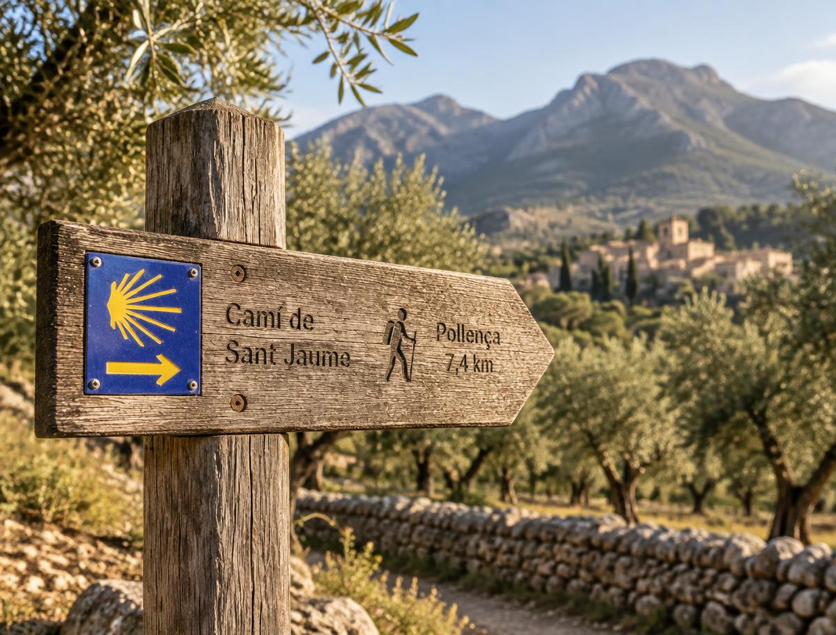 Hölzerner Wegweiser mit blauem Schild „Camí de Sant Jaume“ vor Olivenhainen
